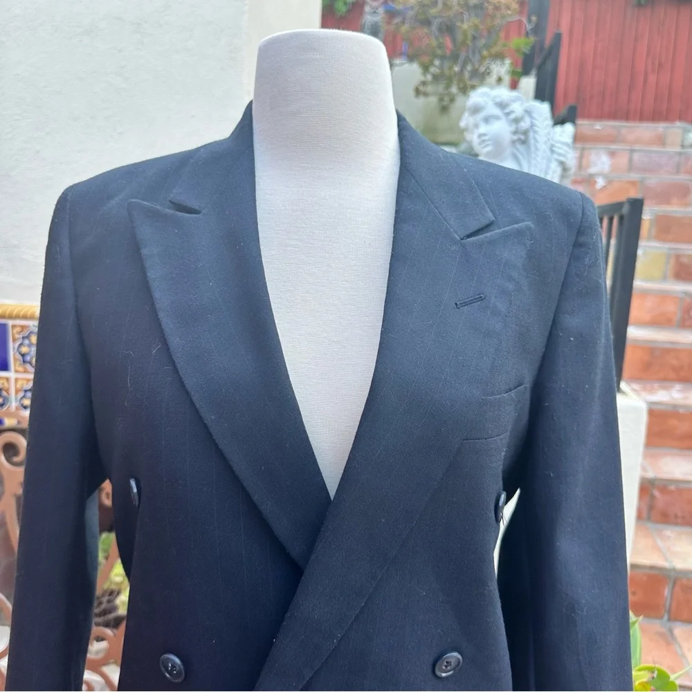 VTG Christian Dior Boyfriend Strip Double Breasted Wool Poly Jacket Coat Size S